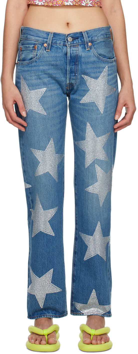Collina Strada Blue Levi's Edition Rhinestone Star Jeans In Silver Star