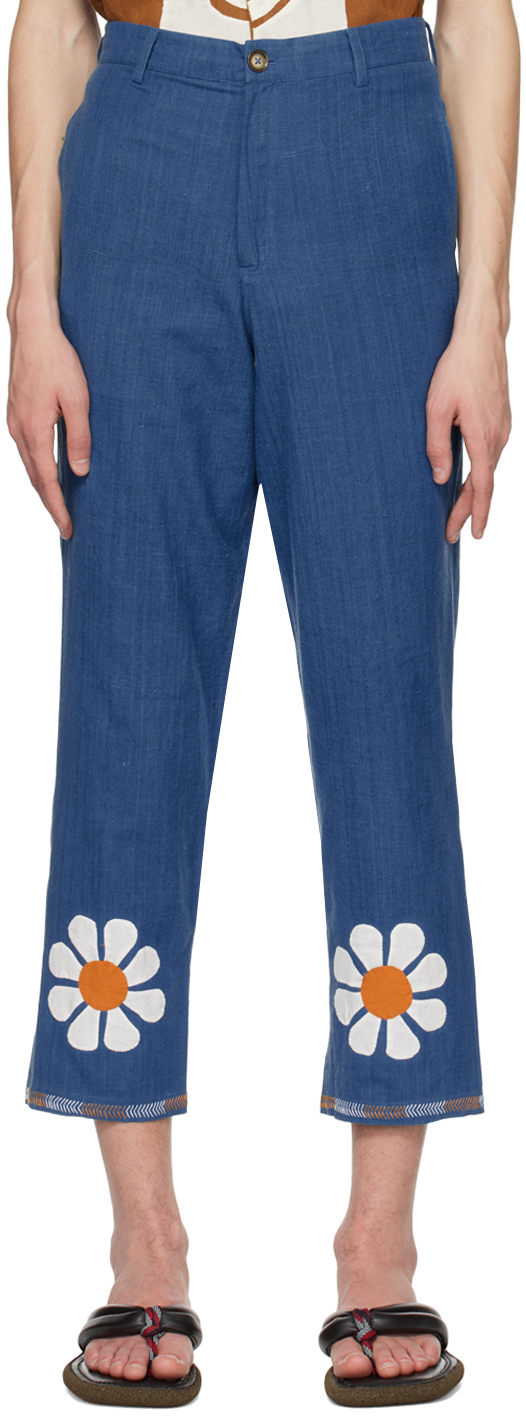 Harago Blue Floral Trousers In Indigo