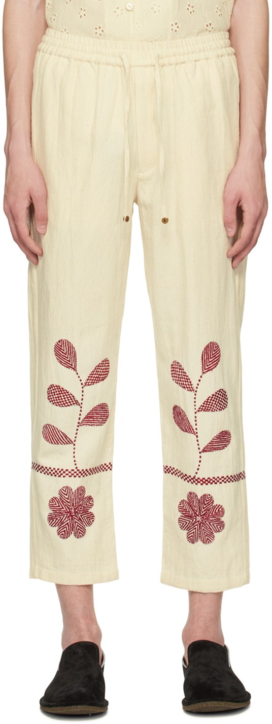 HARAGO Off-White Embroidered Trousers