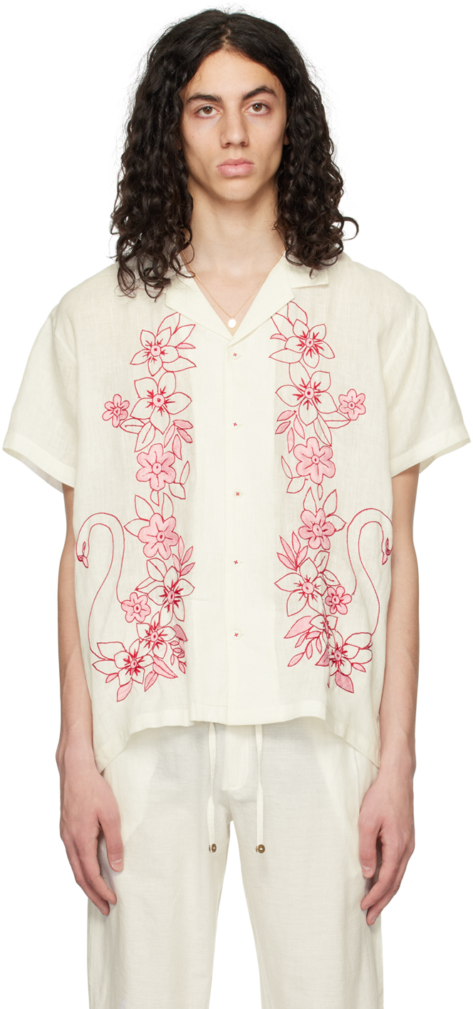 Harago Swan-embroidered Linen Shirt In White,red