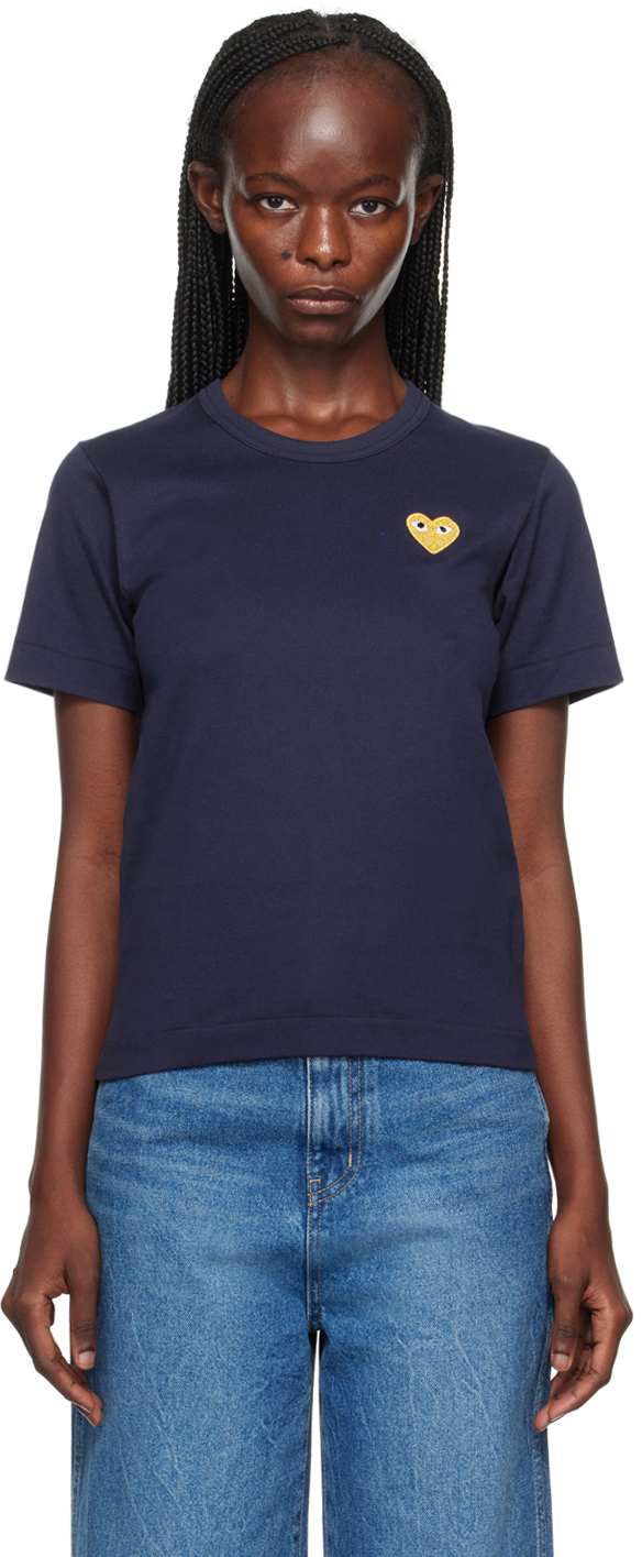 Shop Comme Des Garçons Play Navy Gold Heart T-shirt