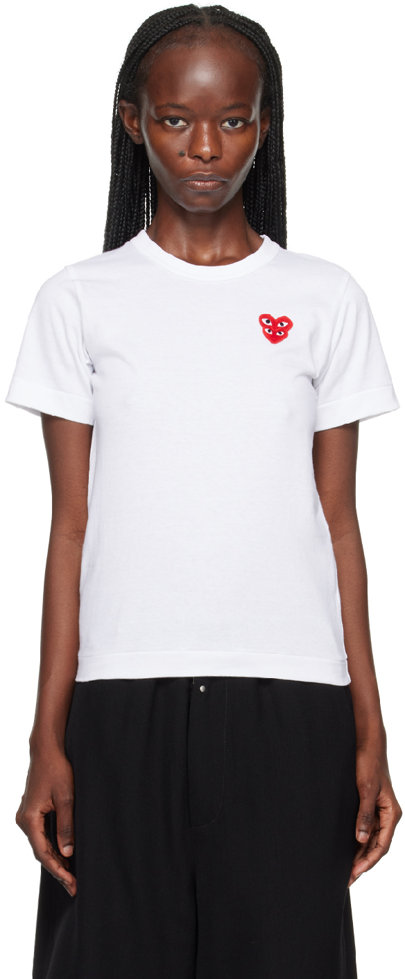 Shop Comme Des Garçons Play White Double Heart T-shirt