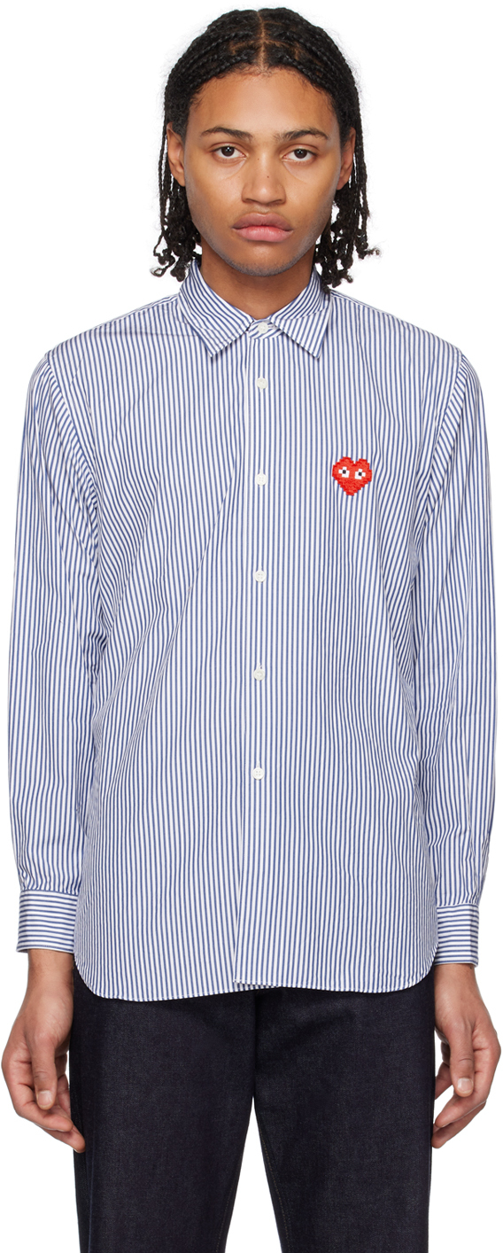 Shop Comme Des Garçons Play Navy & White Invader Edition Heart Shirt In 1 Blue/white