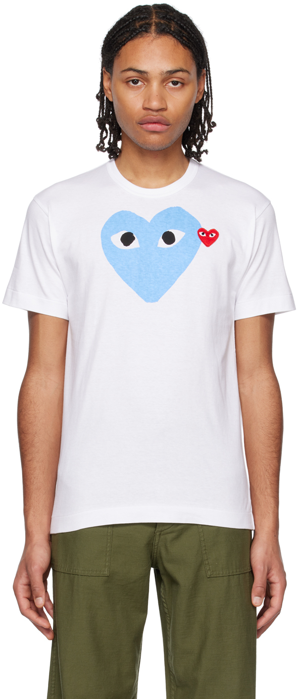 Shop Comme Des Garçons Play White Double Heart T-shirt In Blue