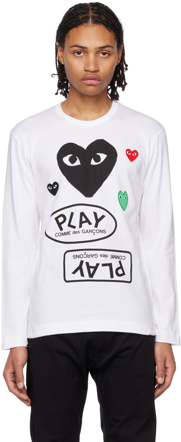 Comme Des Garçons Play White Multi Heart Long Sleeve T-shirt In 1 White/blk