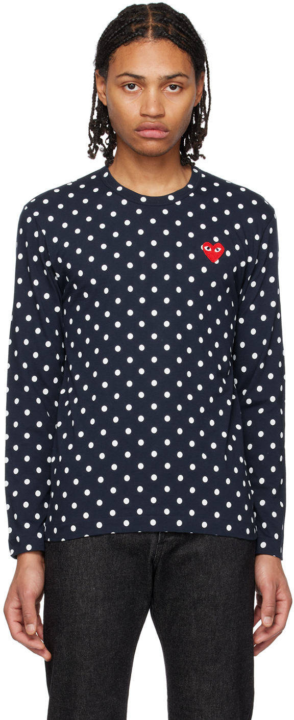 Shop Comme Des Garçons Play Navy Polka Dot Long Sleeve T-shirt In 2 Navy Whit
