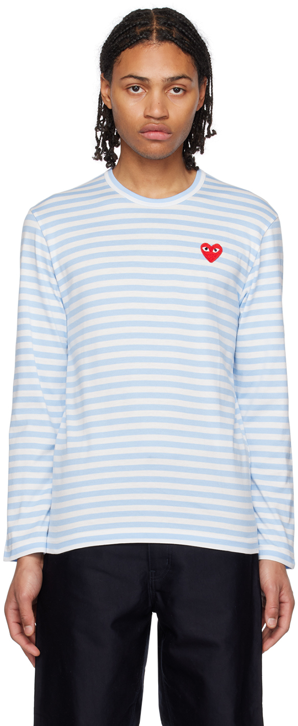 Comme Des Garçons Play Blue & White Heart Long Sleeve T-shirt In 1 Blue