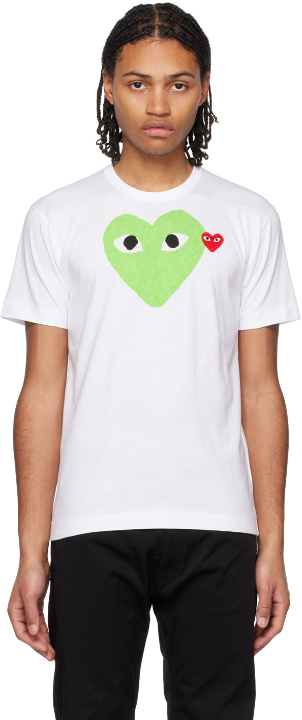 Comme Des Garçons Play White Double Heart T-shirt In Green