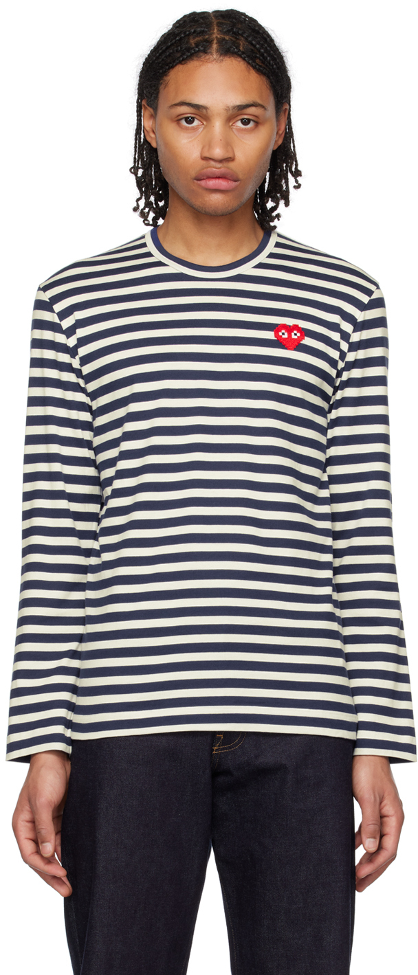 Comme Des Garçons Play Navy & White Invader Edition Heart Long Sleeve T-shirt In 1 Navy/white
