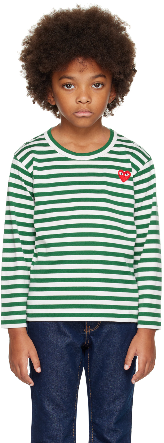 Shop Comme Des Garçons Play Kids Green & White Heart Long Sleeve T-shirt