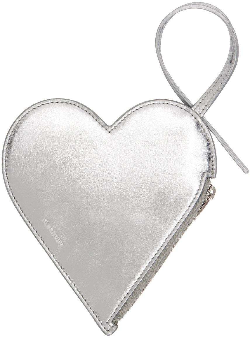 Jil Sander Leather Heart-shaped Pouch In Silver