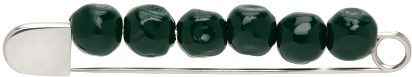 Jil Sander Silver & Green Beaded Pin In 300 - Green