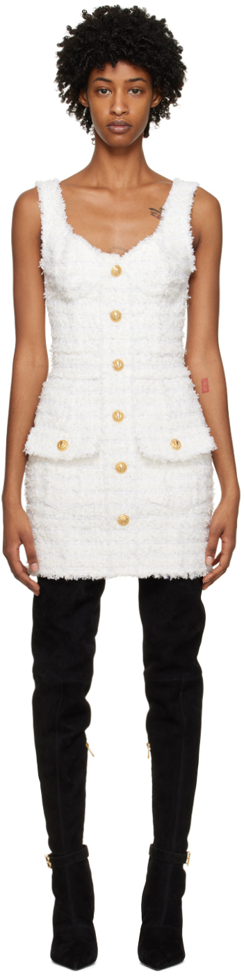 Balmain Tweed Button-down Fastening Dress In White