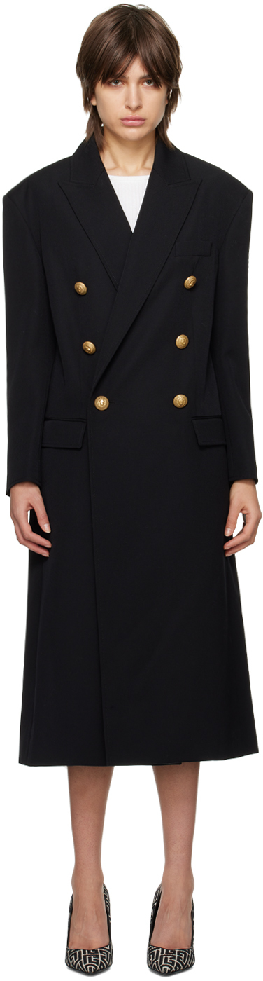 Black Double-Breasted Coat by Balmain on Sale