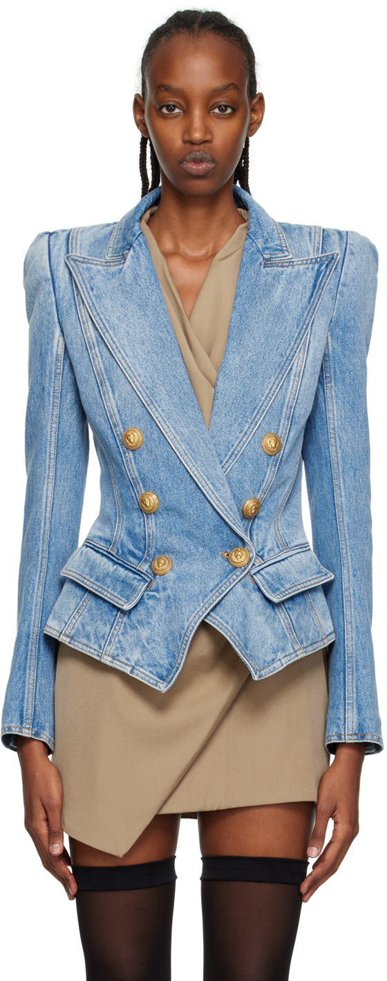 Shop Balmain Blue Tailored Denim Jacket In 6ff Bleu Jean