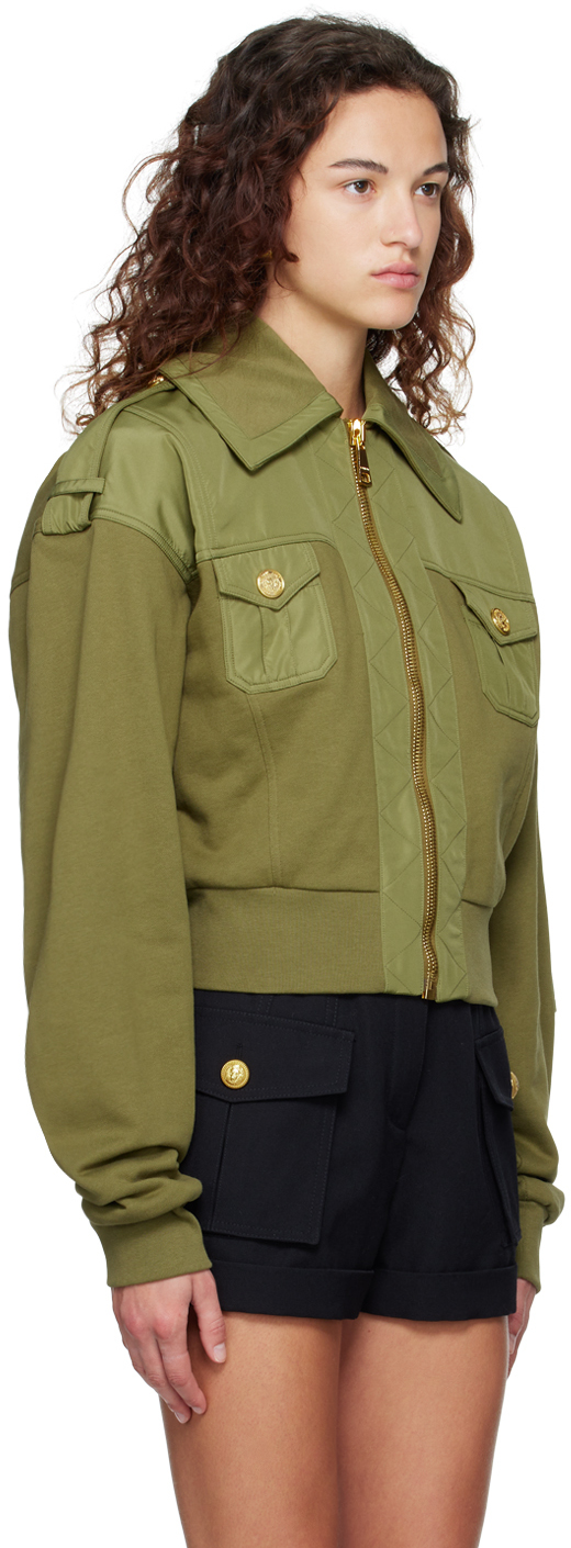 Shop Balmain Khaki Cropped Jacket In 7ch Kaki