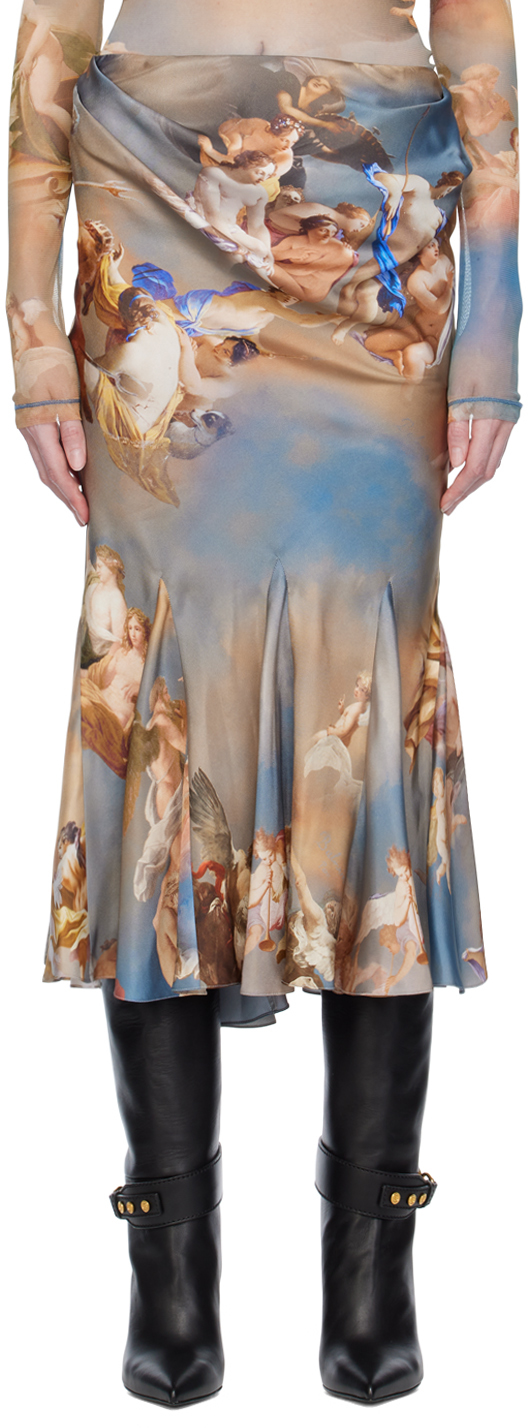 Jupe midi bleue ?� motif graphique imprim?� Balmain en solde