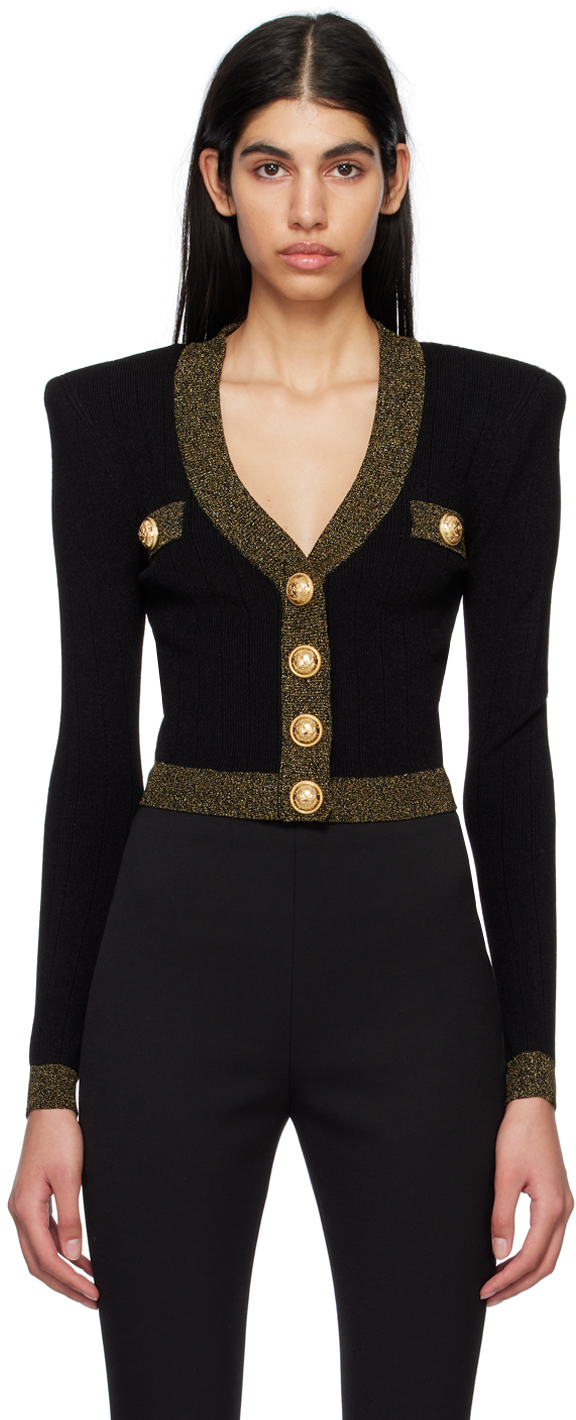 BALMAIN BLACK CROPPED CARDIGAN