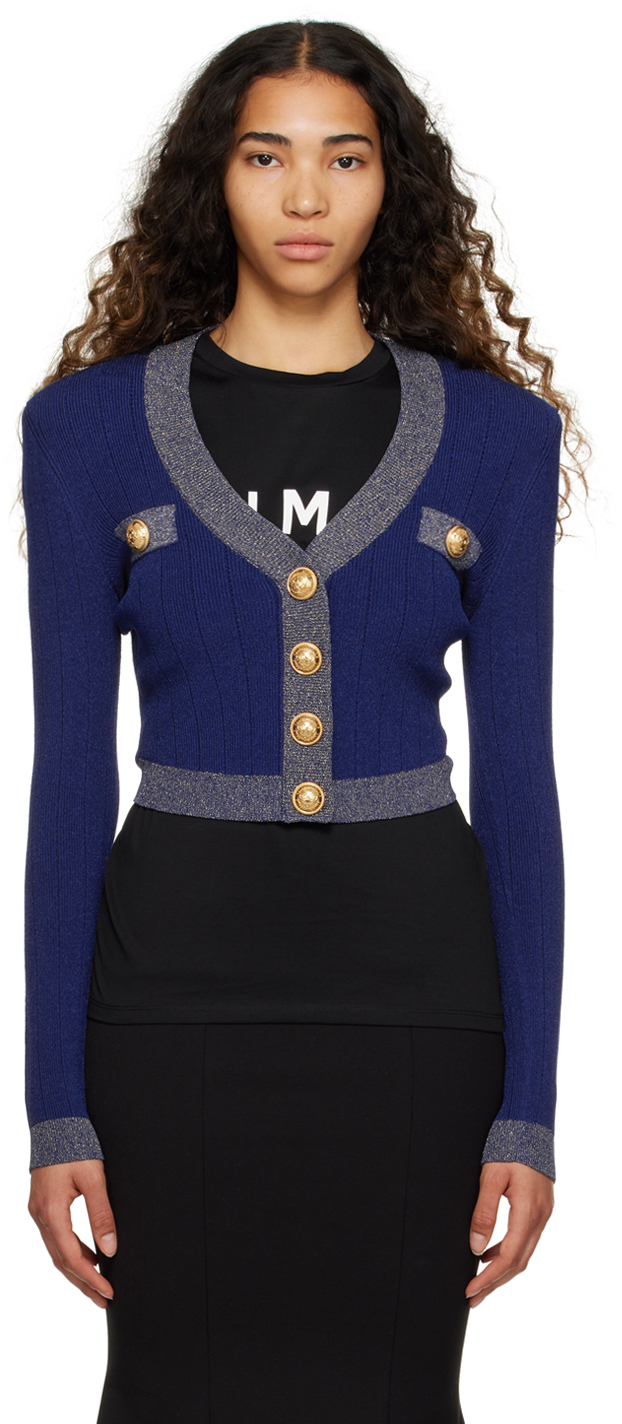 BALMAIN NAVY CROPPED CARDIGAN