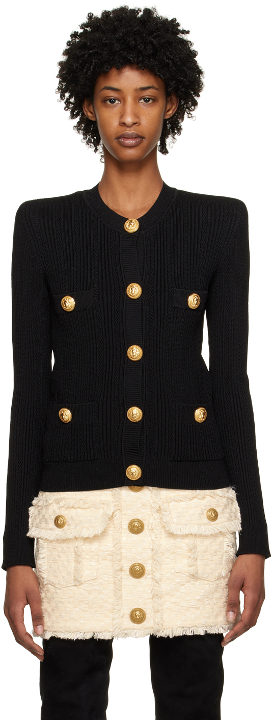 Balmain Ribbed Texture Knit Cardigan With Gold Buttons In Black