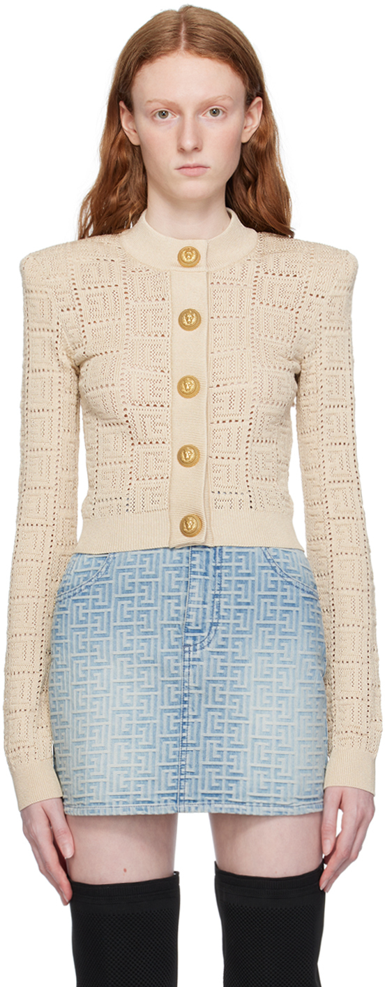 Balmain Monogrammed Openwork Knit Top In Neutrals