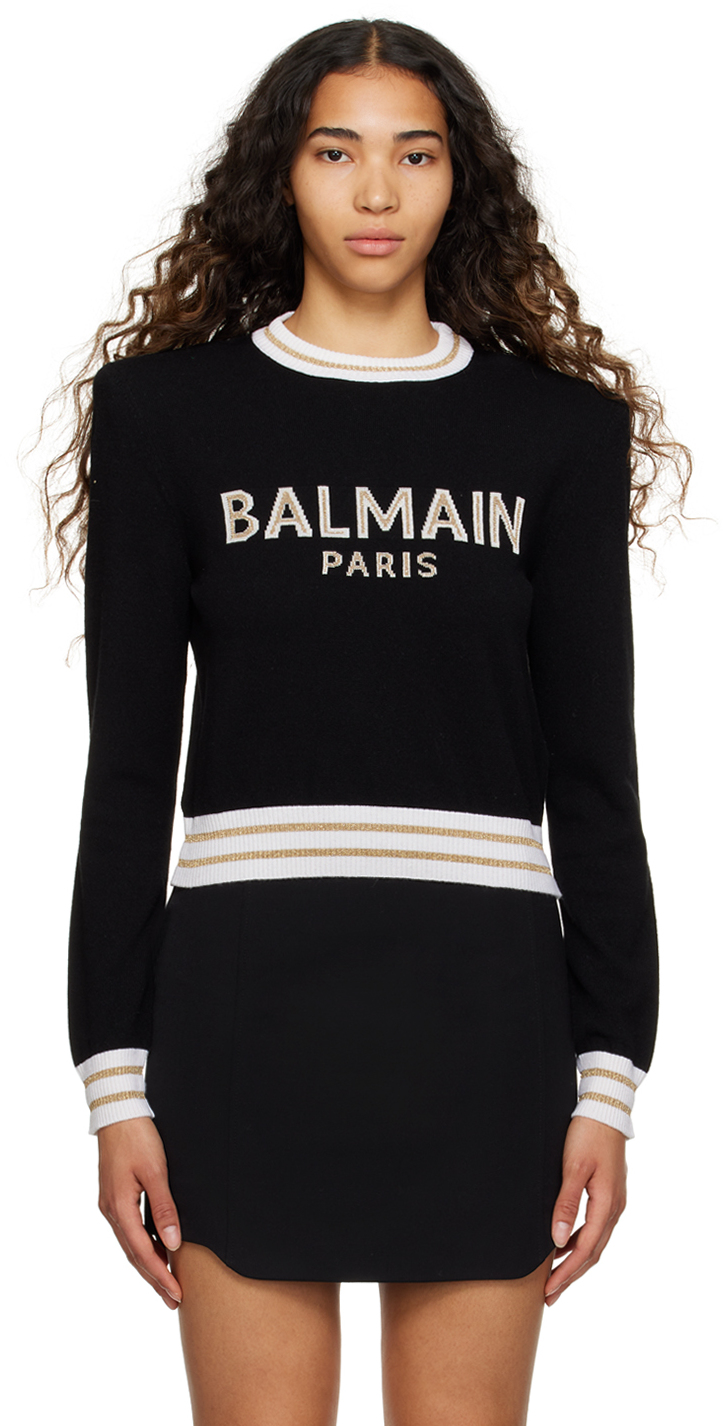 Balmain Black Cropped Sweater In Egt Noir/naturel/or