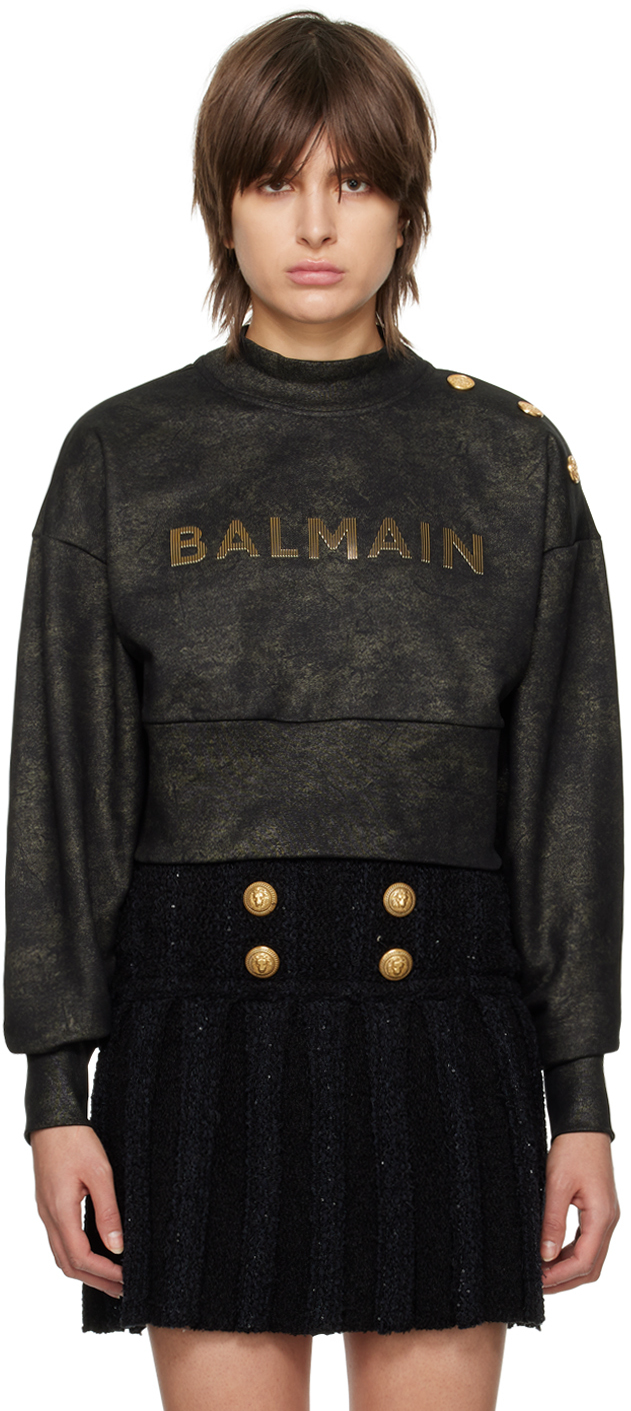 Shop Balmain Black Cropped Sweatshirt In Egs Noir/or/or