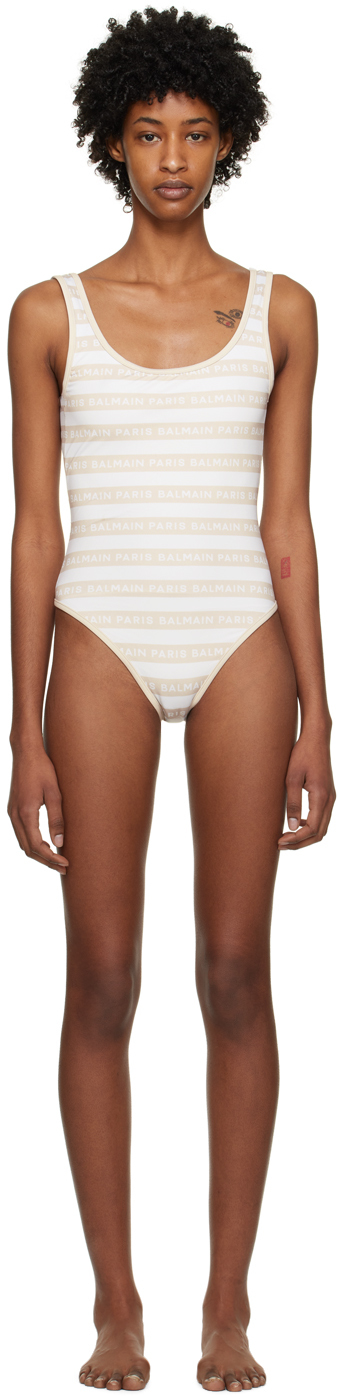 Balmain Iconic Stripes Olimpionic One-piece Swimsuit In Beige