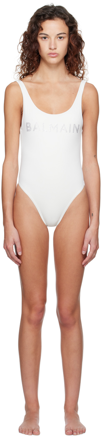 BALMAIN OFF-WHITE CRYSTAL ONE-PIECE SWIMSUIT