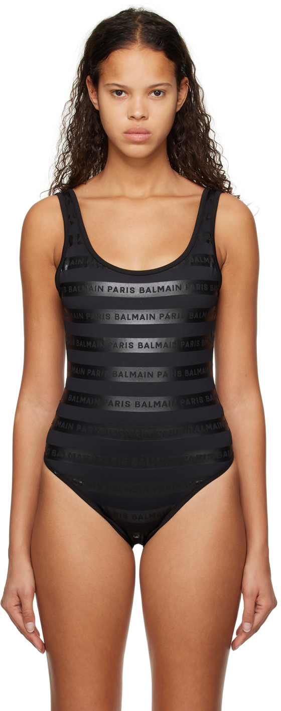 Balmain Black Striped One-Piece Swimsuit