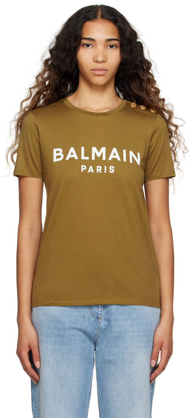 Balmain: Khaki Printed T-Shirt SSENSE