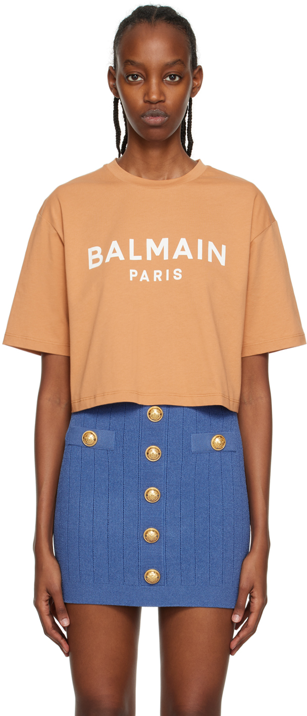 Shop Balmain Brown Cropped T-shirt In Wce Camel/ Naturel