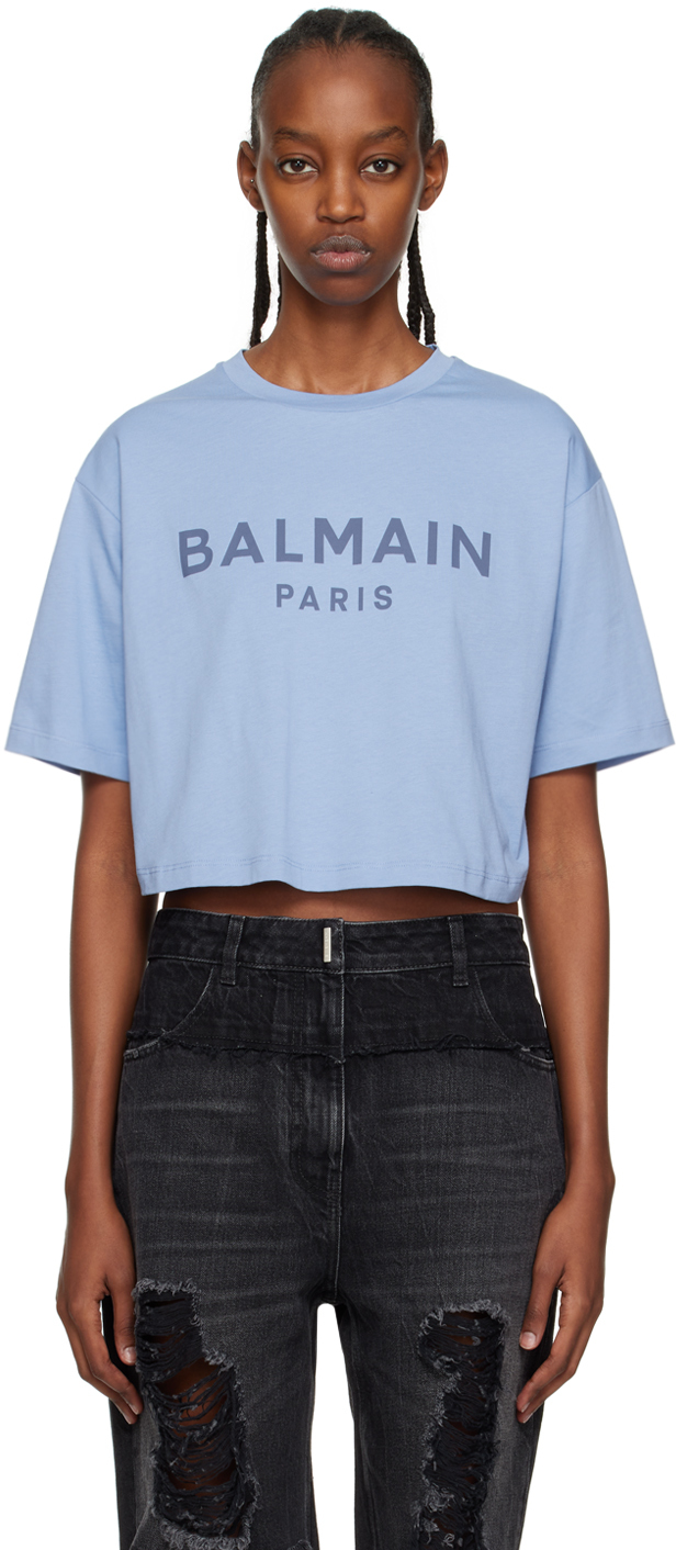 Balmain Blue Cropped T-shirt In Sfv Bleu Clair/bleu