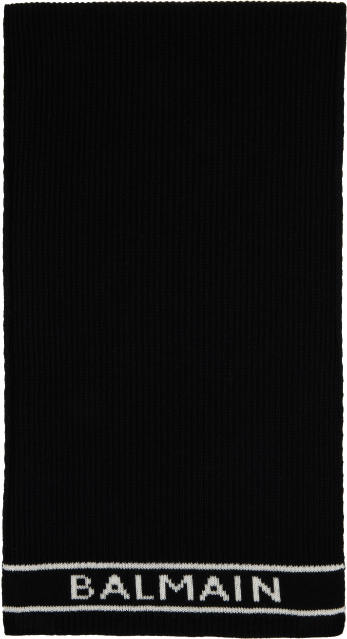 Balmain Black Logo Scarf In Eab Noir/blanc