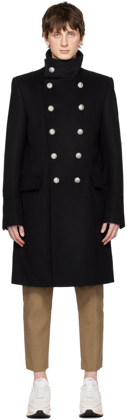 Balmain Long Wool Military Style Coat In Black