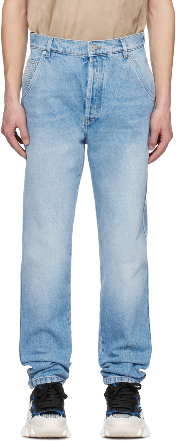 Blue Monogram Jeans by Balmain on Sale