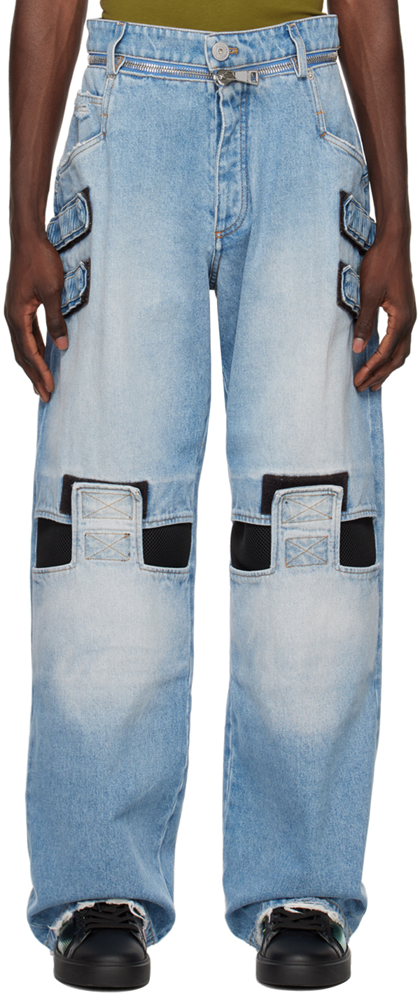 Balmain Mesh-detail Loose-cut Denim Jeans In Blue