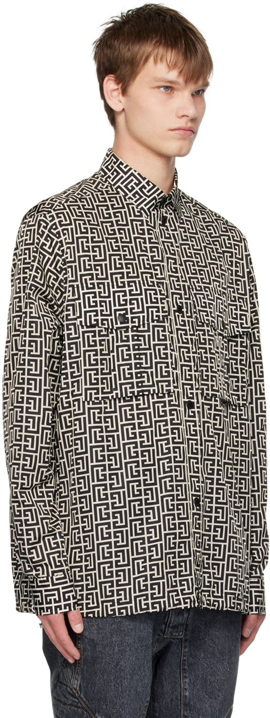 Balmain Black & Beige Monogram Shirt In Gfe Ivoire/noir