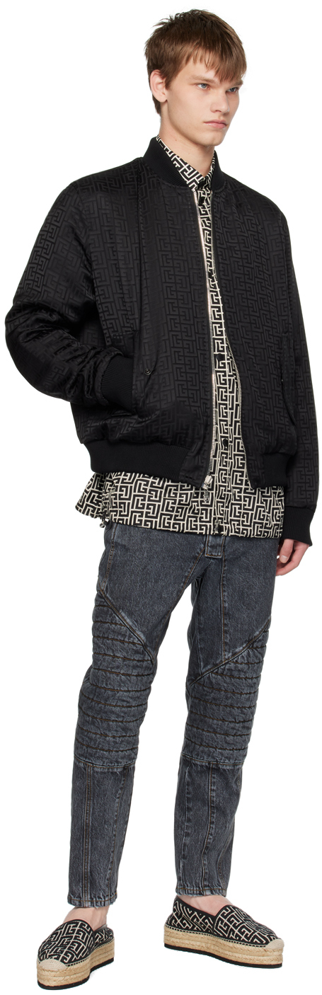 Balmain Black & Beige Monogram Shirt In Gfe Ivoire/noir