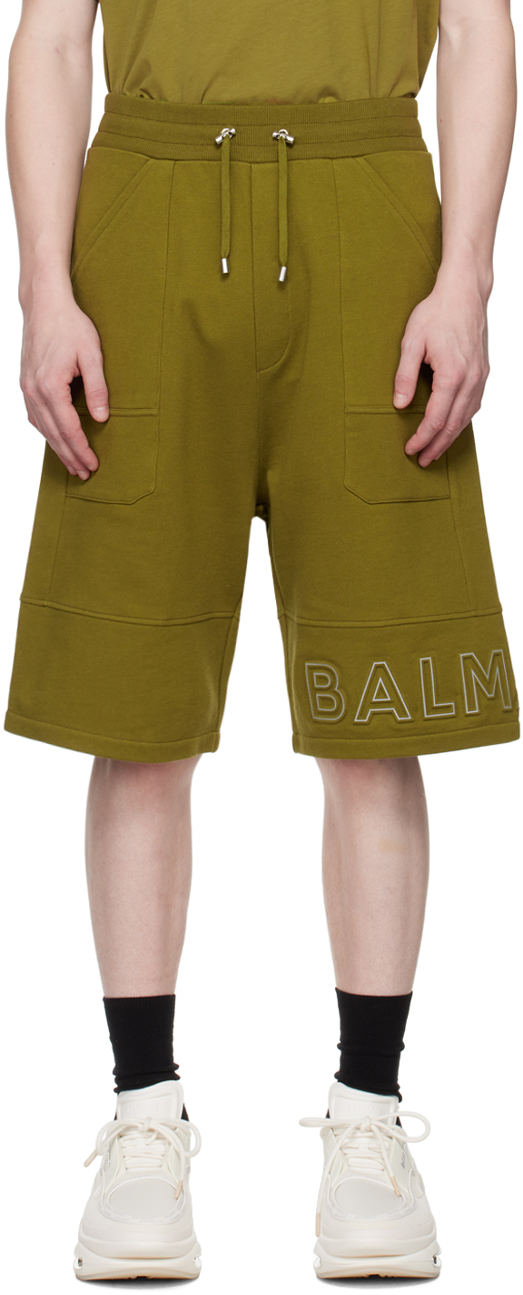 Shop Balmain Green Reflective Bermuda Shorts In Uen Kaki/gris