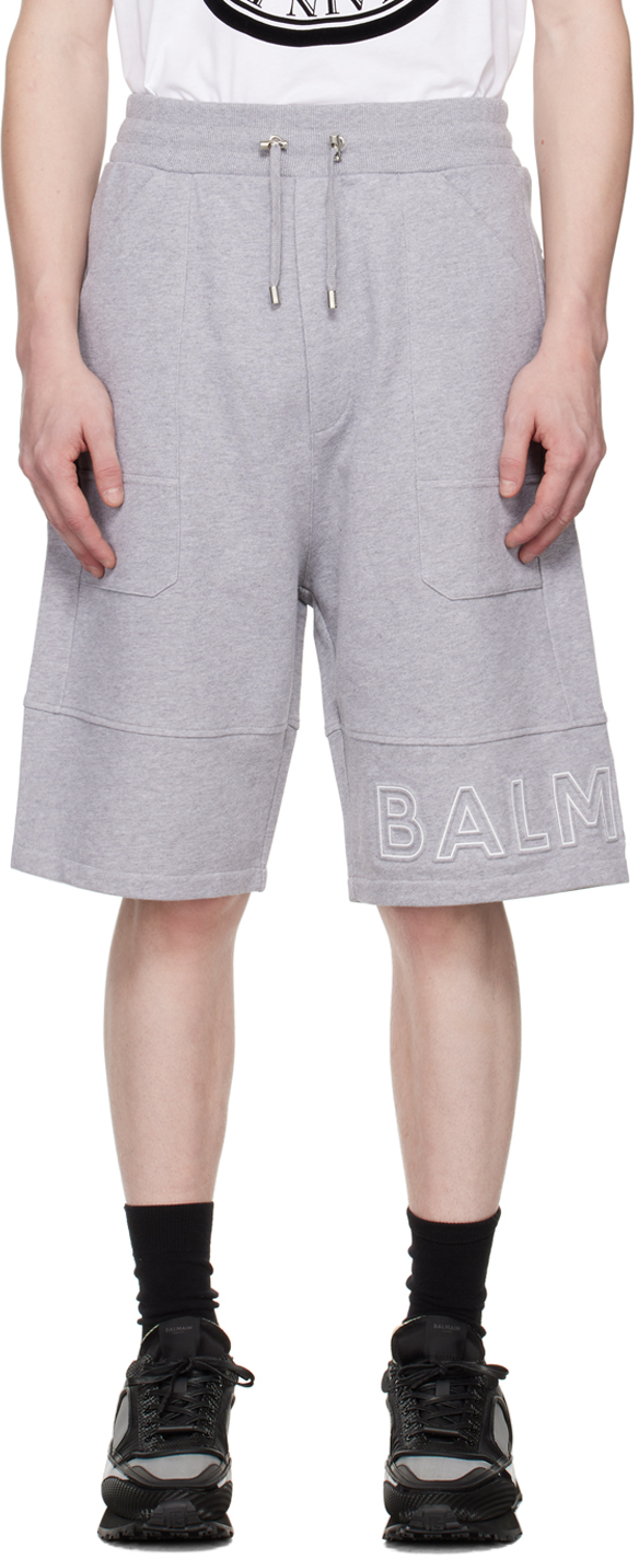 Balmain Gray Reflective Bermuda Shorts In Ydu Gris Chiné/blanc