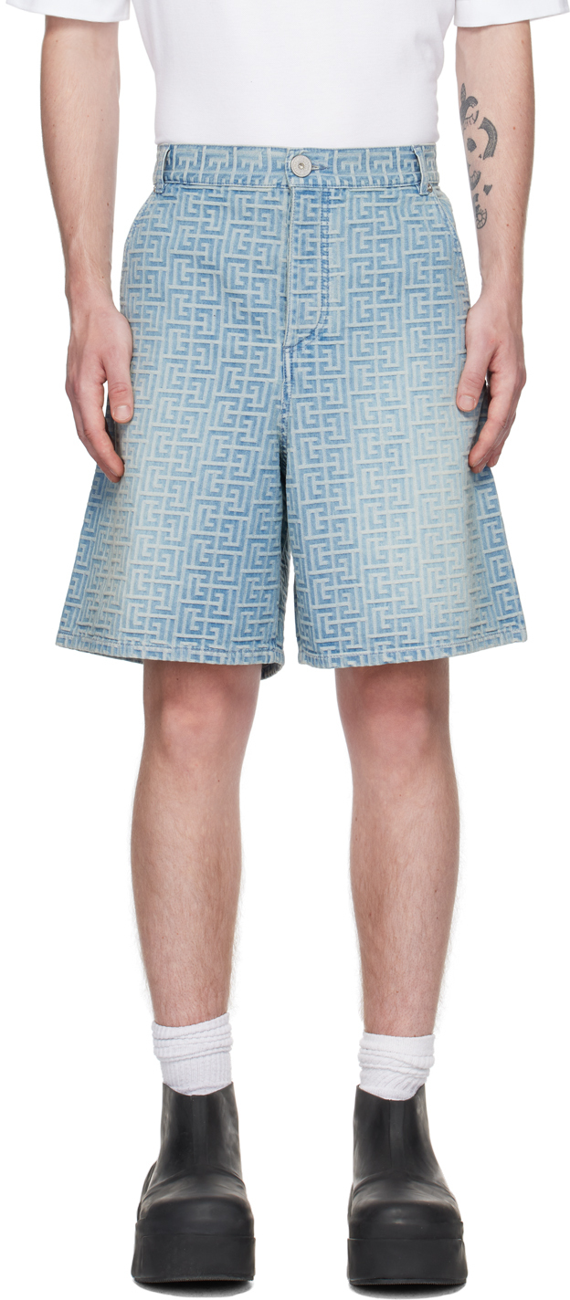 Balmain Blue Monogrammed Denim Shorts
