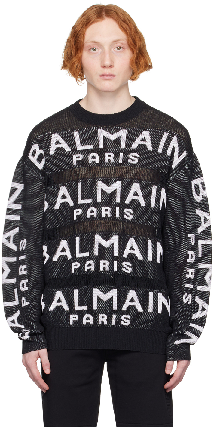 Balmain Logo Jacquard Crewneck Wool Sweater In Black