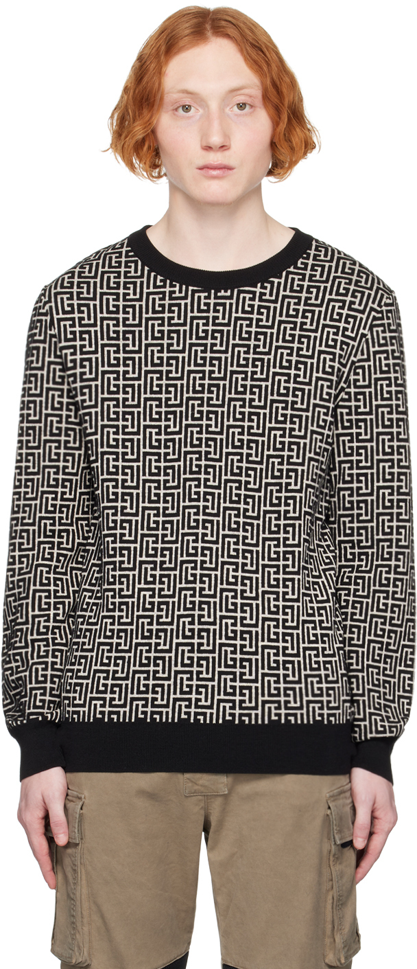 Balmain Black & Gray Jacquard Sweater In Gfe Ivoire/noir