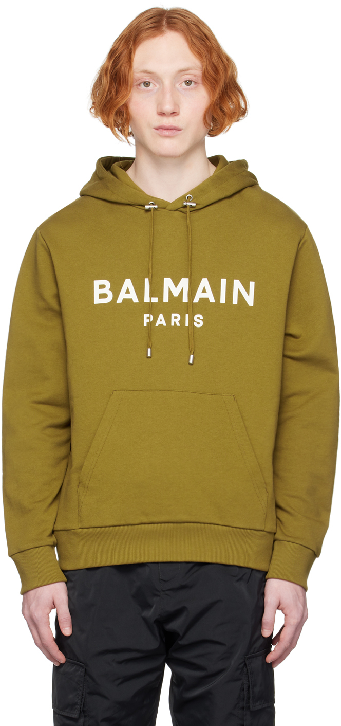 Balmain Drawstring Hooded Sweater With Front Pocket In Ueg Kaki/blanc Cassé