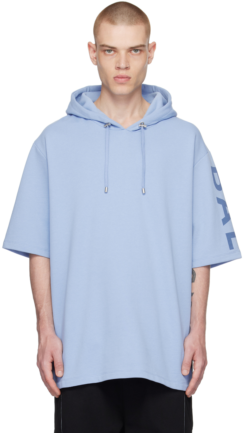 Balmain Short-sleeve Cotton Hoodie In Sfv Bleu Clair/bleu