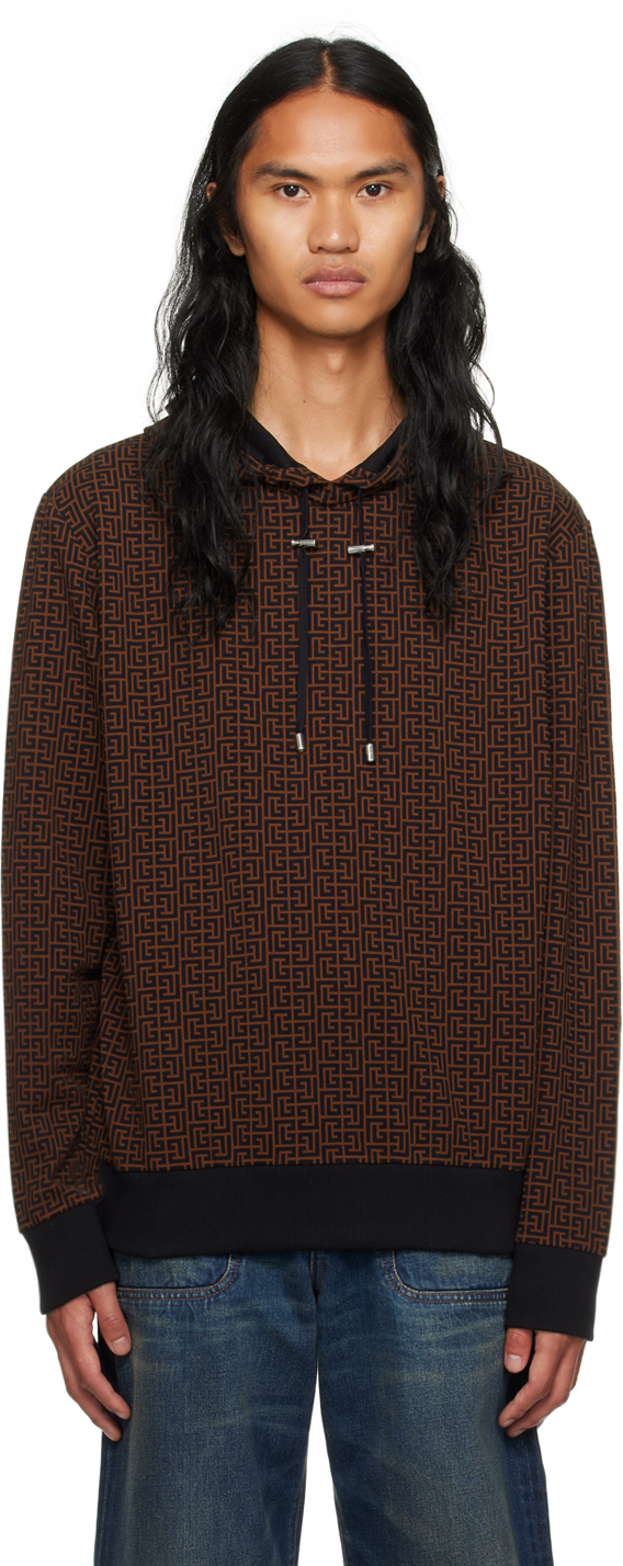 Balmain Monogram Hoodie Sweatshirt in Brown