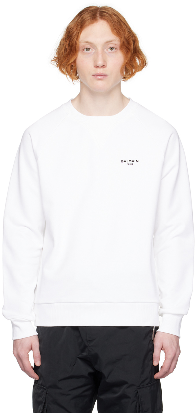 Balmain: White Flocked Sweatshirt | SSENSE UK