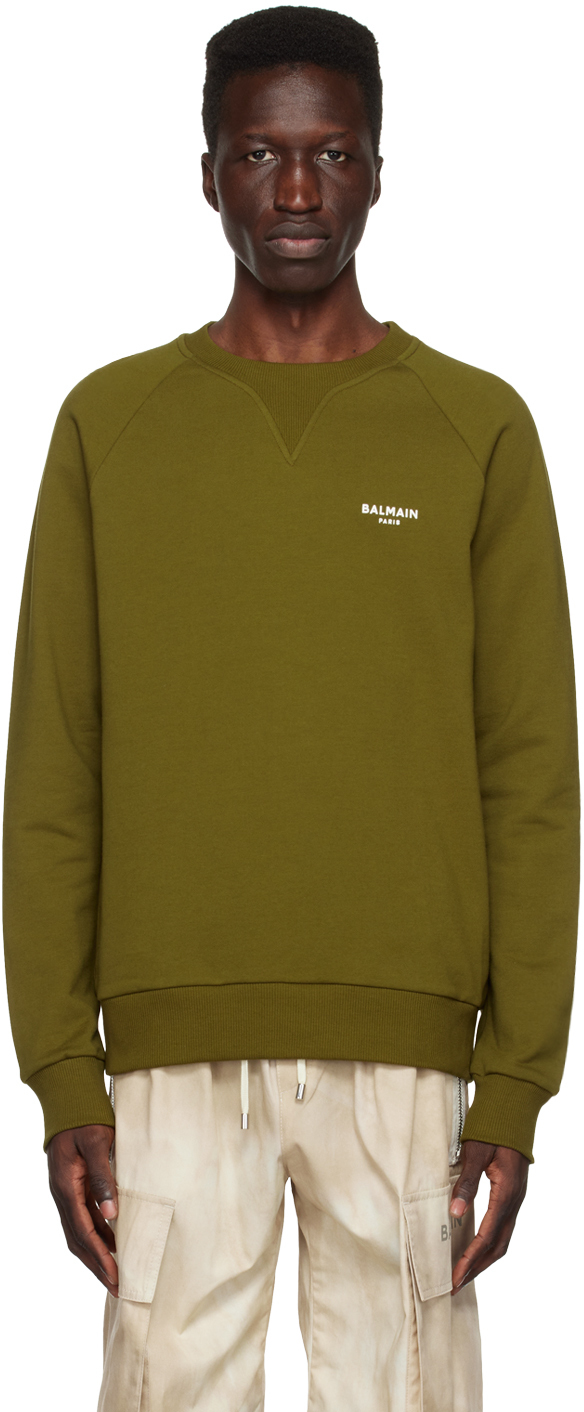 Balmain Flocked Logo Classic Sweatshirt In Khaki