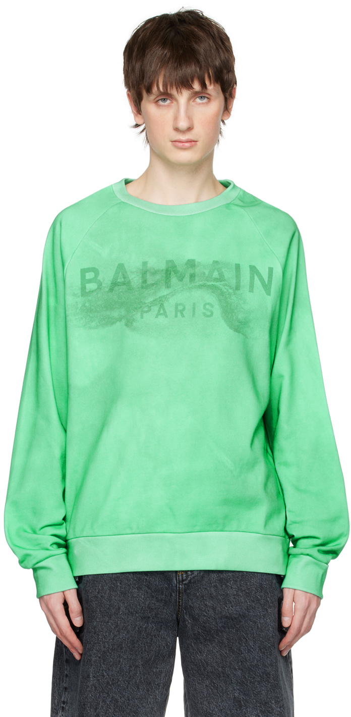 Shop Balmain Green Printed Sweatshirt In Uft Vert D'eau/vert